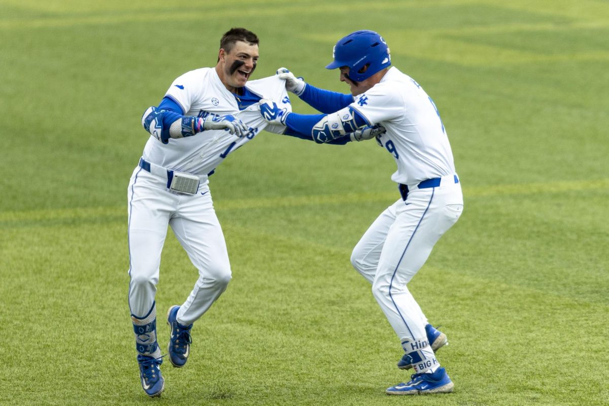 Kentucky infielder Ethan Hindle celebrates with his teammate Luke Lawrence during a baseball game against Tennessee on Saturday, May 2, 2026, at Kentucky Proud Park in Lexington, Ky. Kentucky won 12-2. Photo by Vincenzo Ciaramitaro | Kentucky Kernel