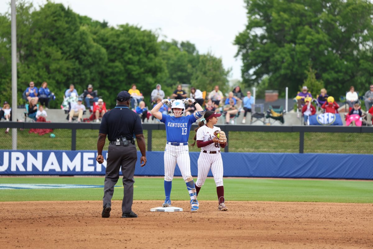 Kentucky infielder Abby Hammond celebrates hitting a double during the SEC softball tournament game against Mississippi State on Tuesday, May 5, 2026, at John Cropp Stadium in Lexington, Ky. Mississippi State won 4-3. Photo by Kate Bonafede | Kentucky Kernel