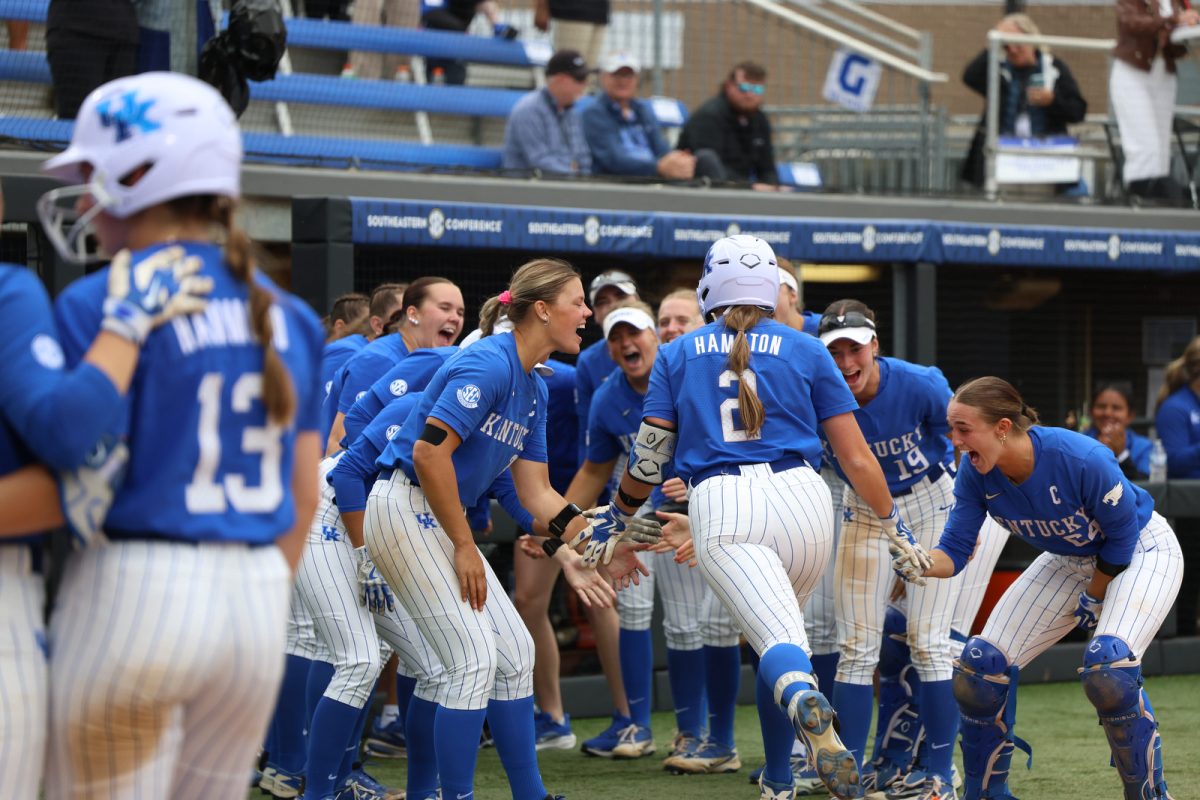 Kentucky utility Karissa Hamilton celebrates after hitting a home run during the SEC softball tournament game against Mississippi State on Tuesday, May 5, 2026, at John Cropp Stadium in Lexington, Ky. Mississippi State won 4-3. Photo by Kate Bonafede | Kentucky Kernel