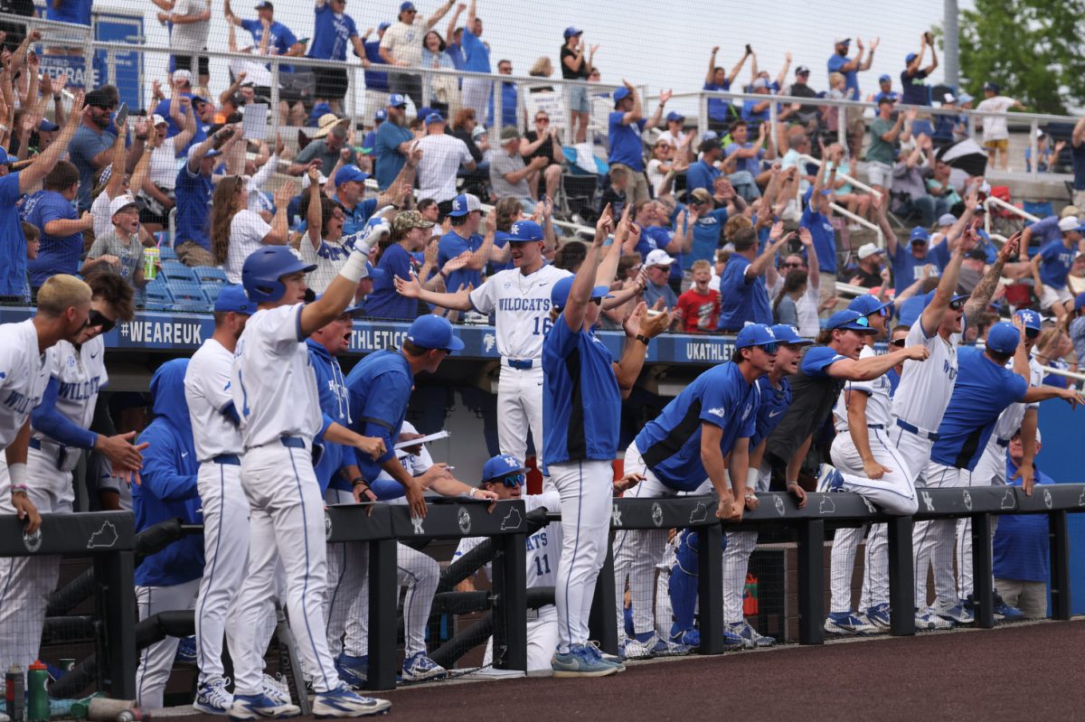 Kentucky dugout celebrates in a baseball game against Arkansas on Saturday, May 16, 2026, at Kentucky Proud Park in Lexington, Ky. Arkansas won 16-12. Photo by Kate Bonafede | Kentucky Kernel