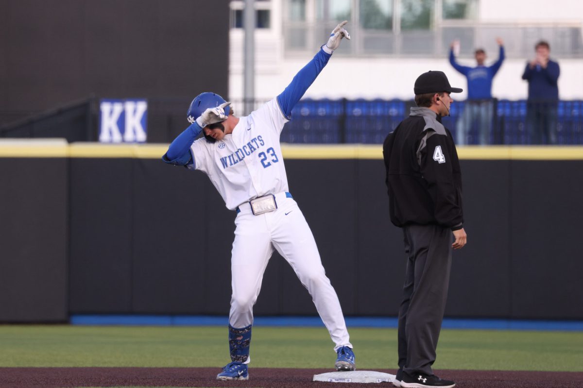 Kentucky infielder Hudson Brown celebrates hitting a double in a baseball game against Arkansas on Thursday, May 14, 2026, at Kentucky Proud Park in Lexington, Ky. Kentucky won 4-3. Photo by Kate Bonafede | Kentucky Kernel