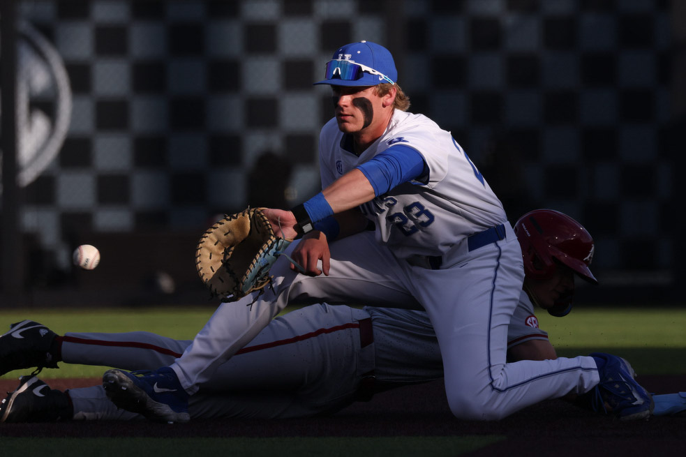 Kentucky infielder Hudson Brown catches the ball in a baseball game against Arkansas on Thursday, May 14, 2026, at Kentucky Proud Park in Lexington, Ky. Kentucky won 4-3. Photo by Kate Bonafede | Kentucky Kernel