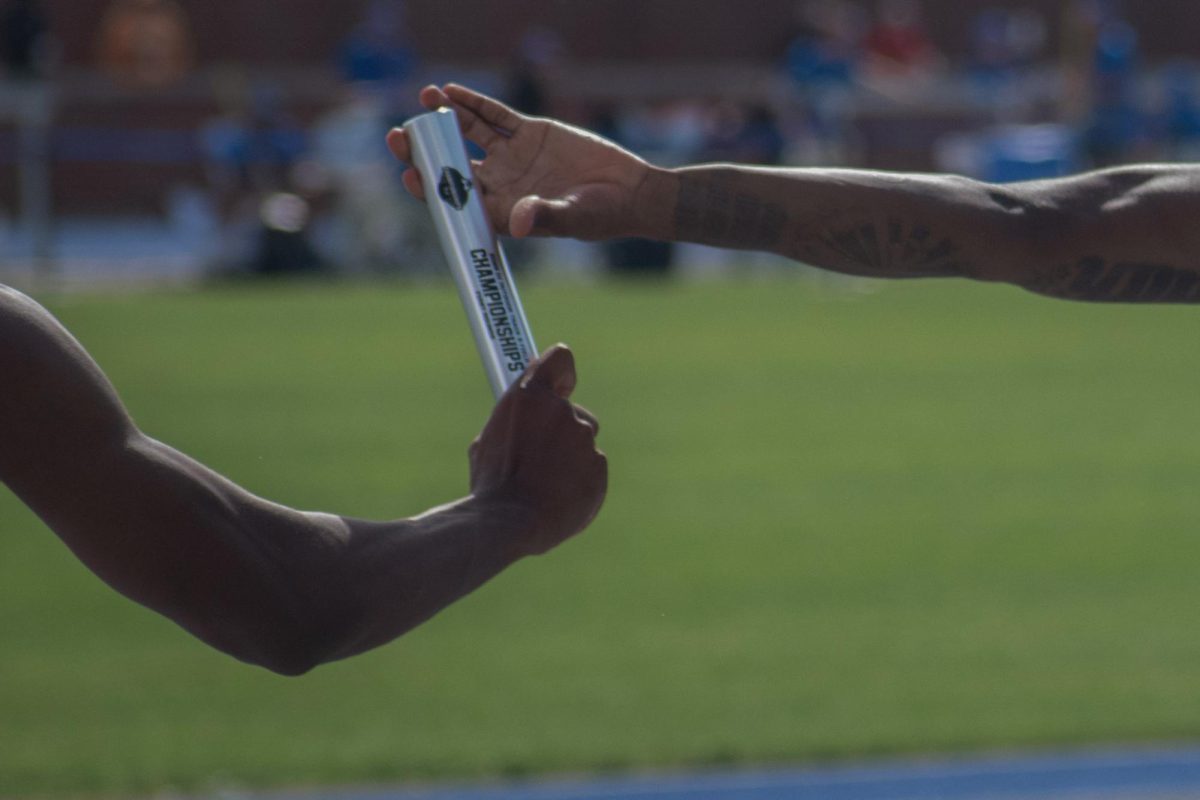 Kentucky sophomore Anthony Waterman hands off the baton to junior Miles Jones during the 4x100 meter relay during the NCAA East Region Track and Field meet on Friday, May 29, 2026, at the University of Kentucky in Lexington, Ky. Photo by Sean Dreher | Kentucky Kernel