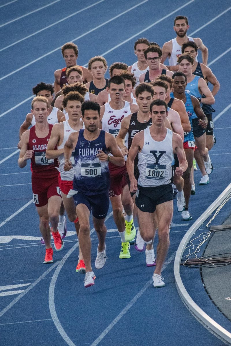Runners race around the first turn during the 5000 meter race during the NCAA East Region Track and Field meet on Friday, May 29, 2026, at the University of Kentucky in Lexington, Ky. Photo by Sean Dreher | Kentucky Kernel
