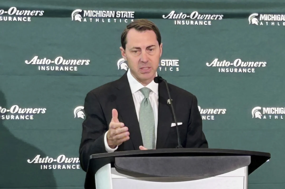 Michigan State athletic director J Batt speaks during a news conference, Wednesday, June 4, 2025, in East Lansing, Mich. (AP Photo/Larry Lage)