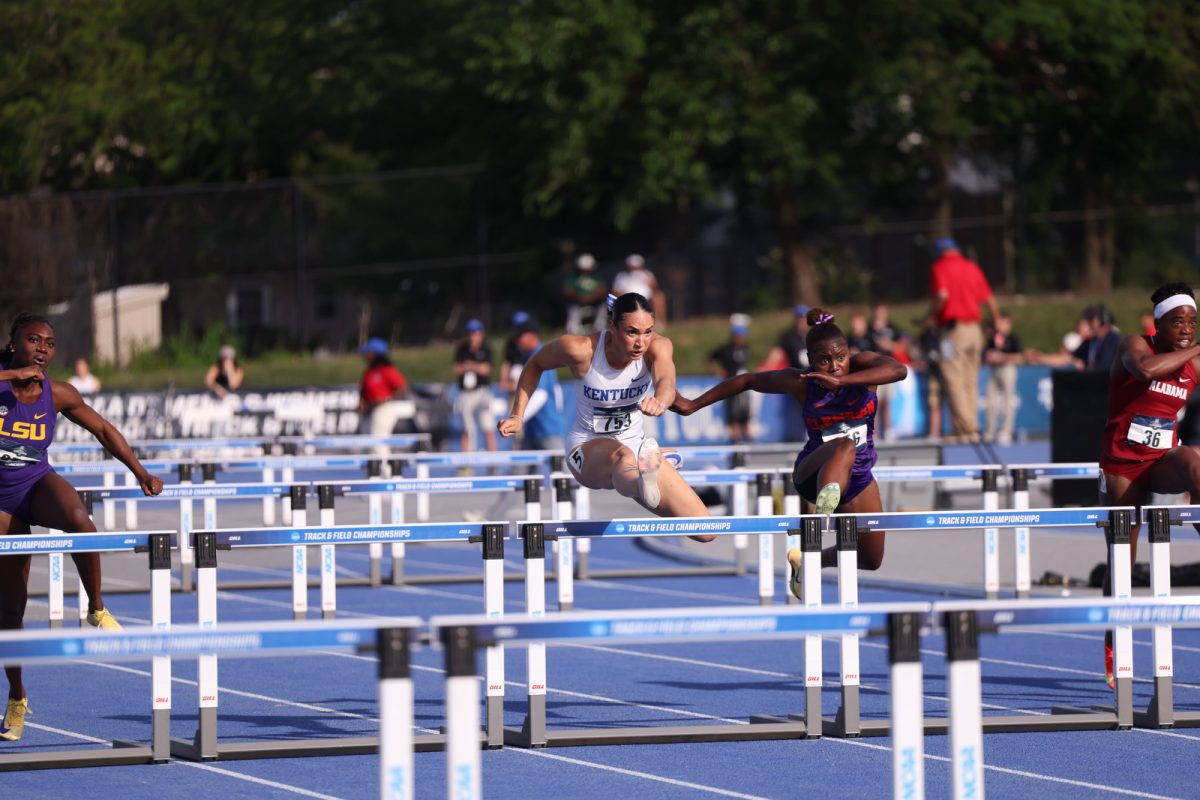Kentucky hurdler competes in the 100m hurdles during the NCAA East first round championship track meet on Saturday, May 30, 2026, at the University of Kentucky Outdoor Track & Field Complex in Lexington, Ky. Photo by Kate Bonafede | Kentucky Kernel